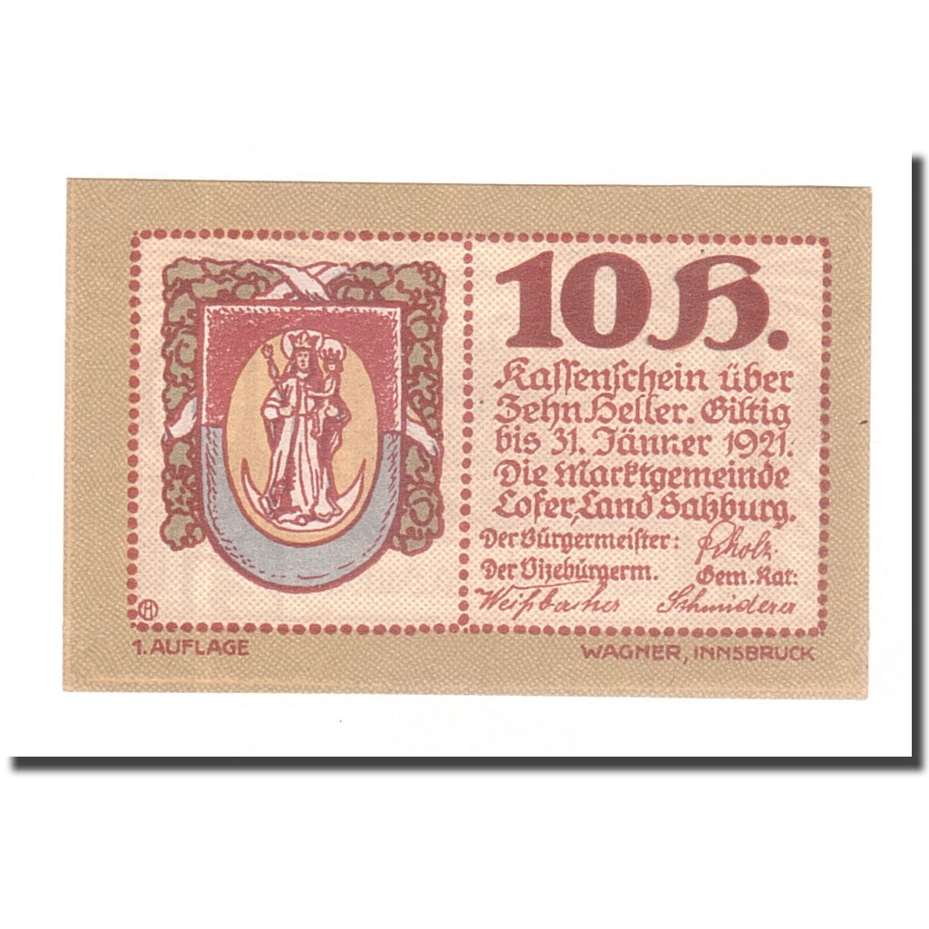 Nota, Áustria, Lofer Sbg. Marktgemeinde, 10 Heller, paysage 1, 1921, AU(55-58)