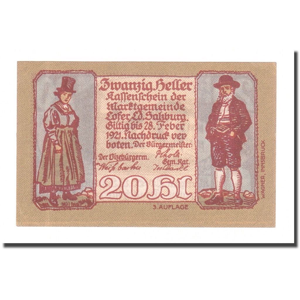 Billete, Austria, Lofer Sbg. Marktgemeinde, 20 Heller, paysage 3, 1921, EBC