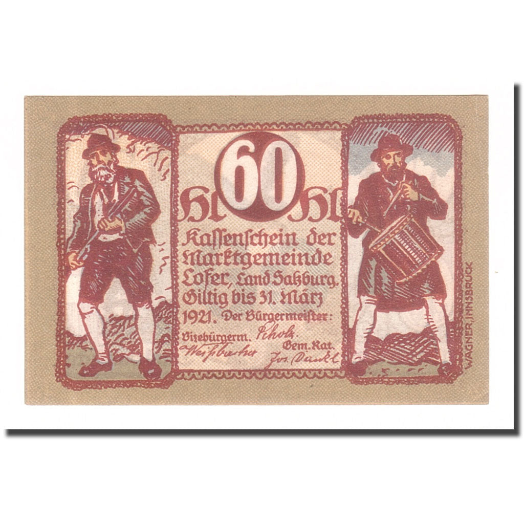 Geldschein, Österreich, Lofer Sbg. Marktgemeinde, 60 Heller, personnage, 1921