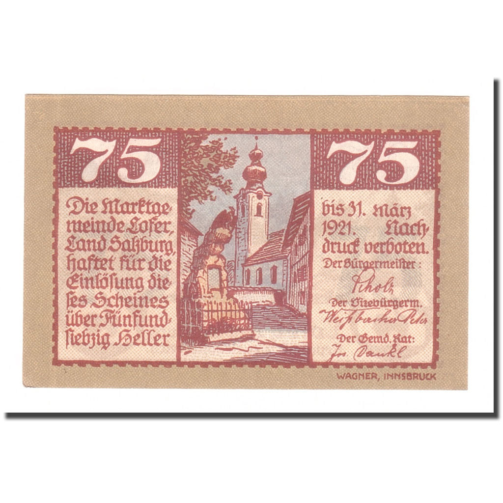Banknote, Austria, Lofer Sbg. Marktgemeinde, 75 Heller, paysage 5, 1921