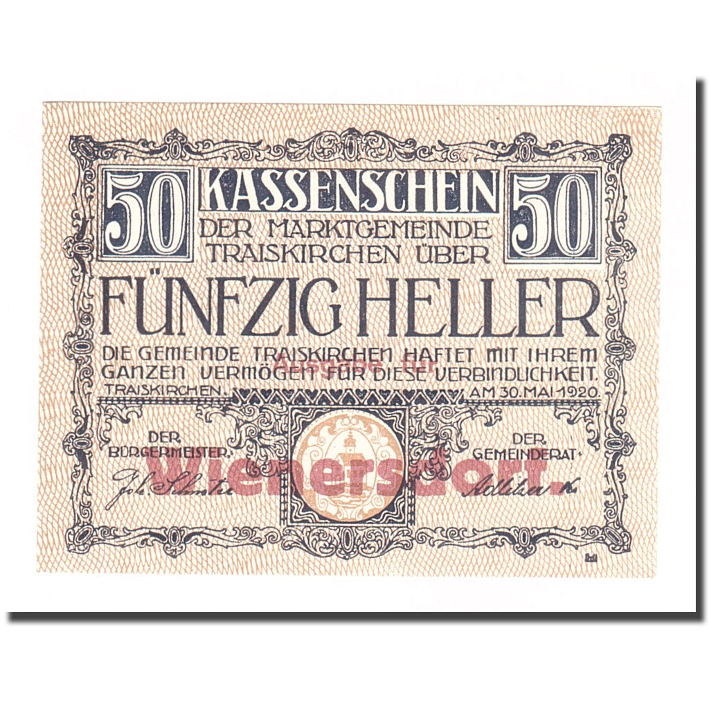 Billete, Austria, Traiskirchen, 50 Heller, Texte 2, 1921, 1921-05-31, UNC