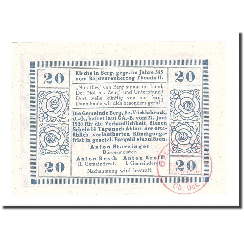 Billete, Austria, Berg O.Ö. Gemeinde, 20 Heller, Texte, 1920, 1920-06-27, EBC