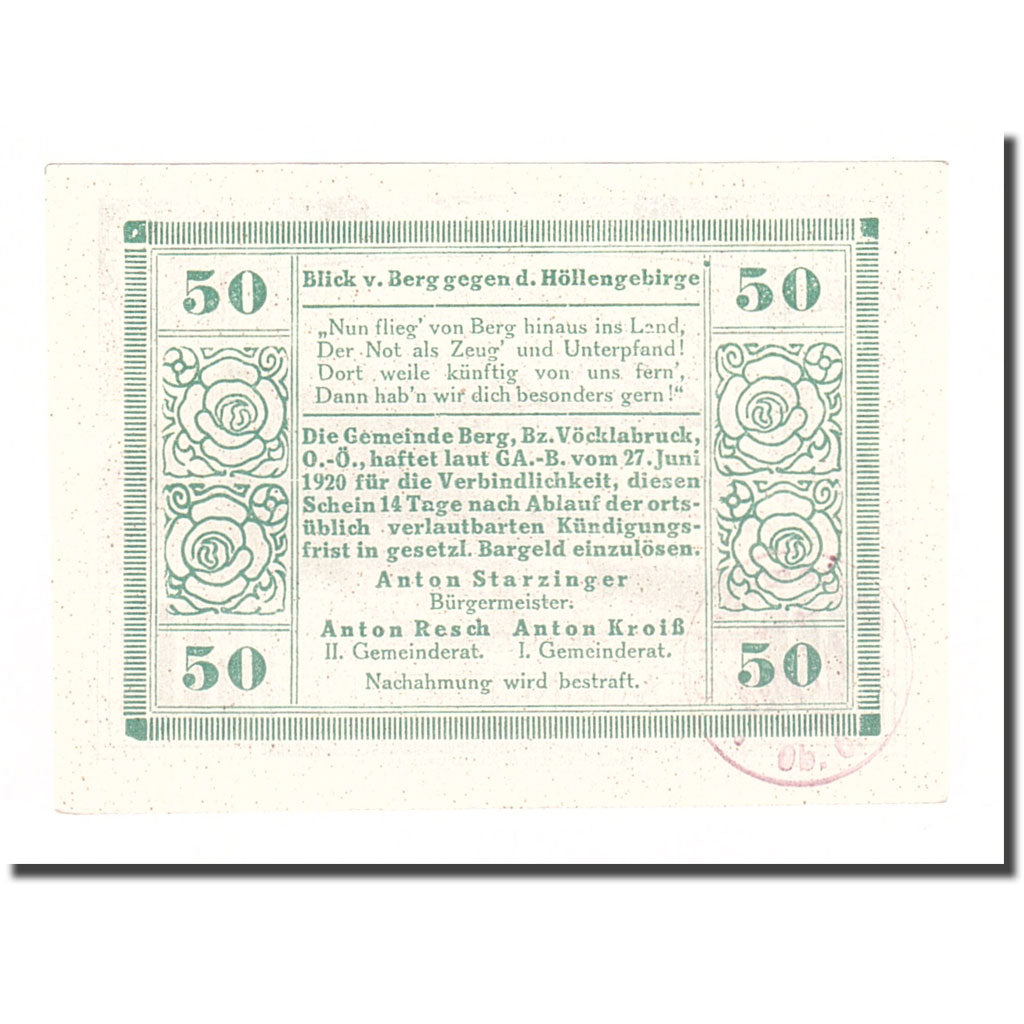 Banknot, Austria, Berg O.Ö. Gemeinde, 50 Heller, texte 1, 1920, 1920-06-27