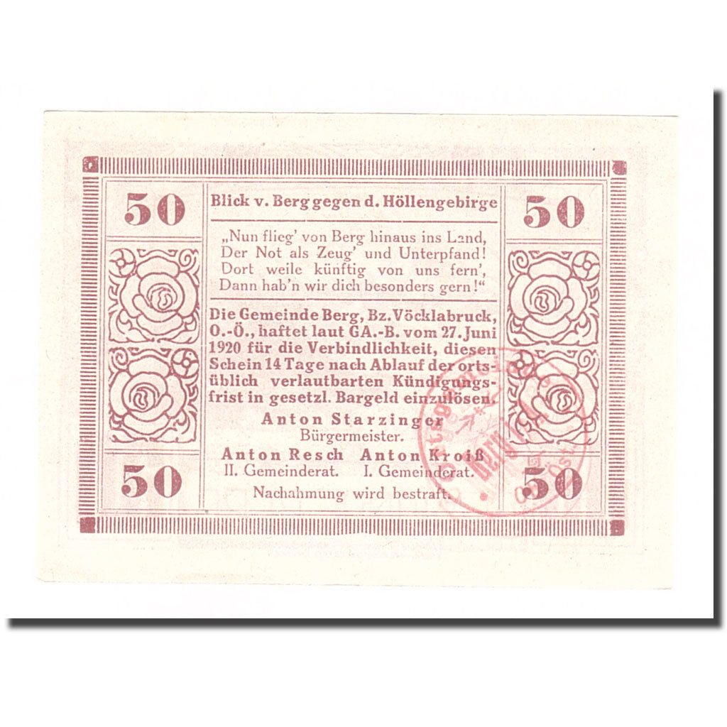 Geldschein, Österreich, Berg O.Ö. Gemeinde, 50 Heller, Texte 2, 1920