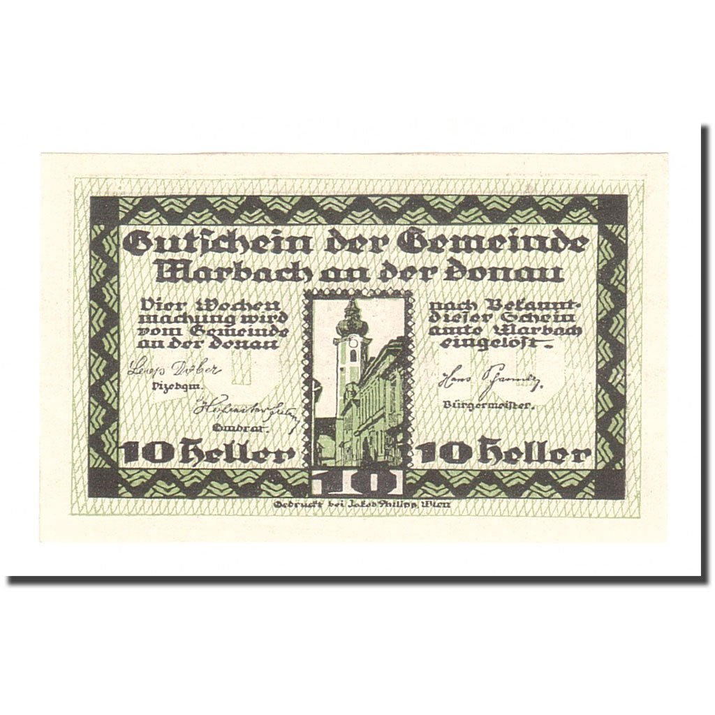 Banknot, Austria, Marbach an der Donau N.Ö. Gemeinde, 10 Heller, Blason