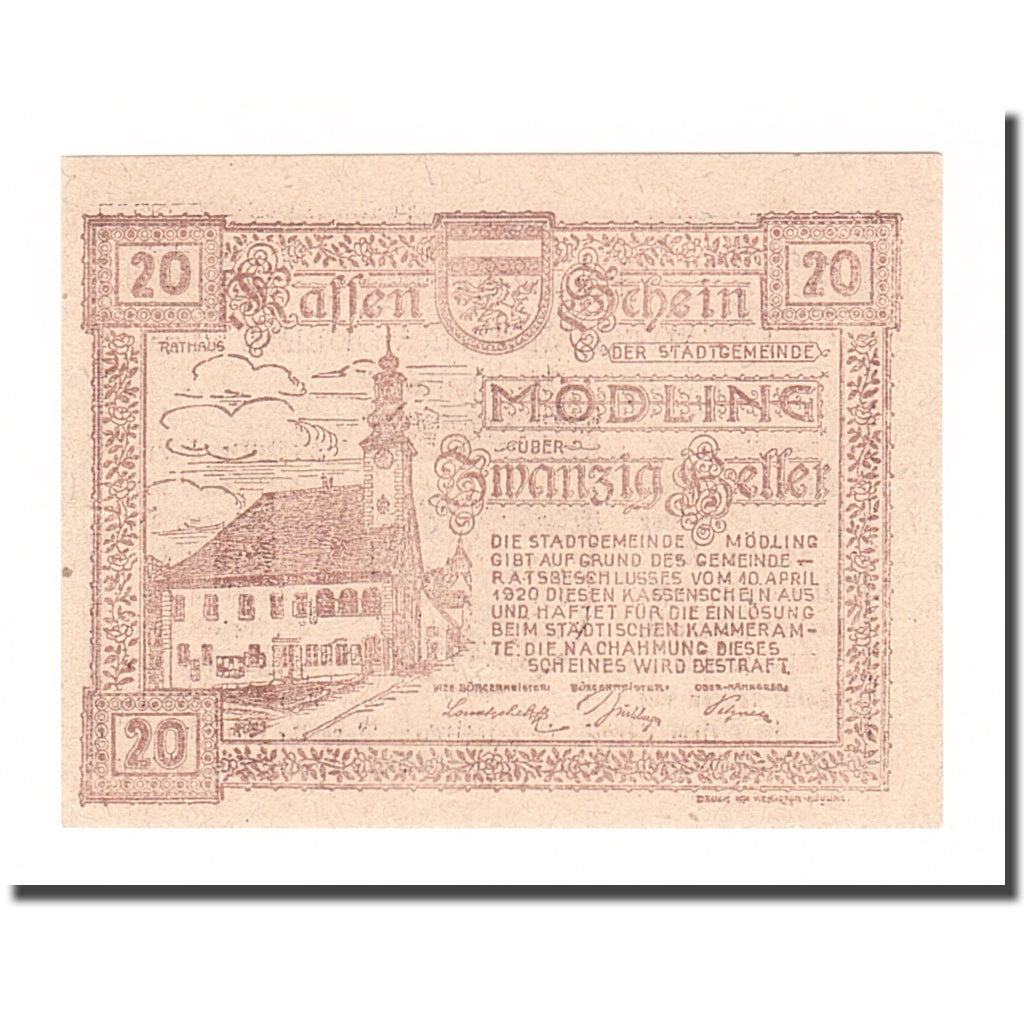 Banknote, Austria, Mödling, 20 Heller, Blason, 1920, 1920-08-31, AU(55-58)