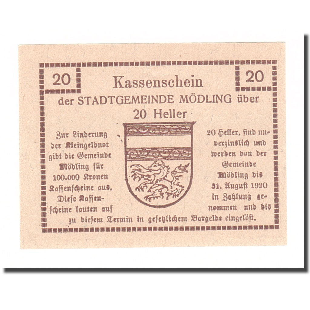 Banknote, Austria, Mödling, 20 Heller, Blason, 1920, 1920-08-31, AU(55-58)