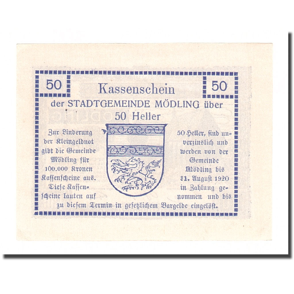 Banknot, Austria, Mödling, 50 Heller, Blason 1, 1920, 1920-08-31, AU(55-58)