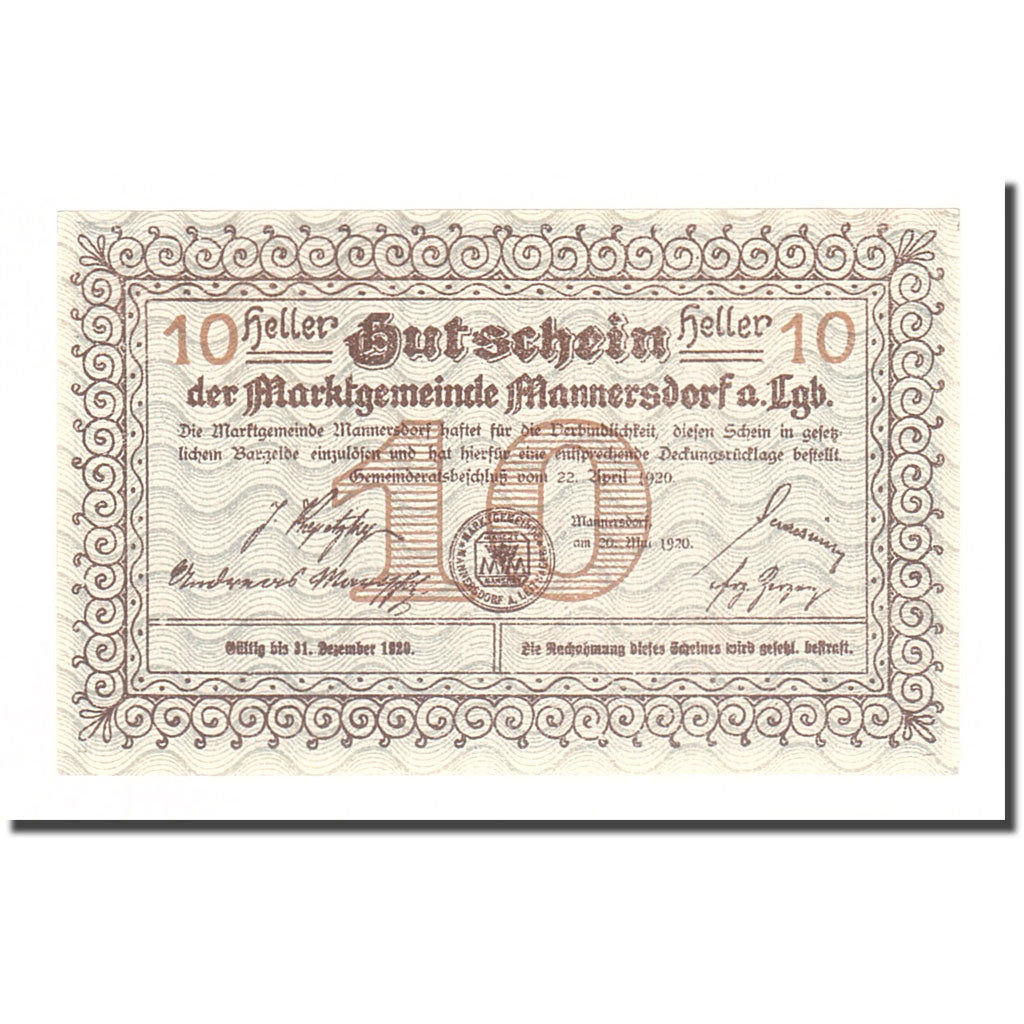 Banconote, Austria, Mannersdorf N.Ö. Marktgemeinde, 10 Heller, valeur faciale