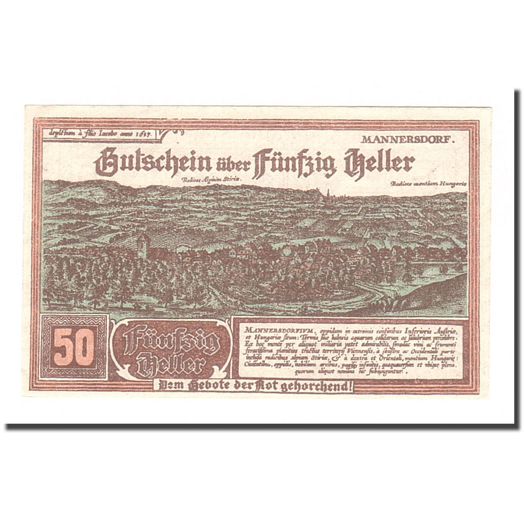 Biljet, Oostenrijk, Mannersdorf N.Ö. Marktgemeinde, 50 Heller, valeur faciale