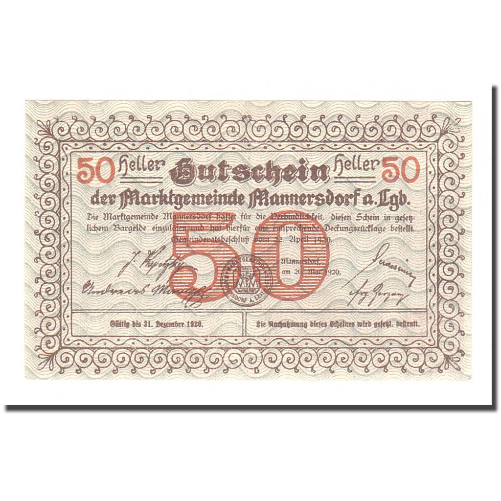 Biljet, Oostenrijk, Mannersdorf N.Ö. Marktgemeinde, 50 Heller, valeur faciale