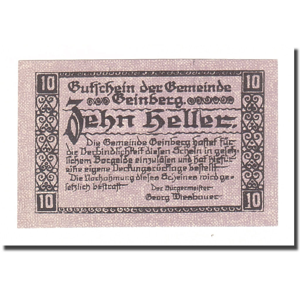 Banconote, Austria, Geinberg, 10 Heller, paysage, 1920, 1920-08-31, BB, Mehl:FS