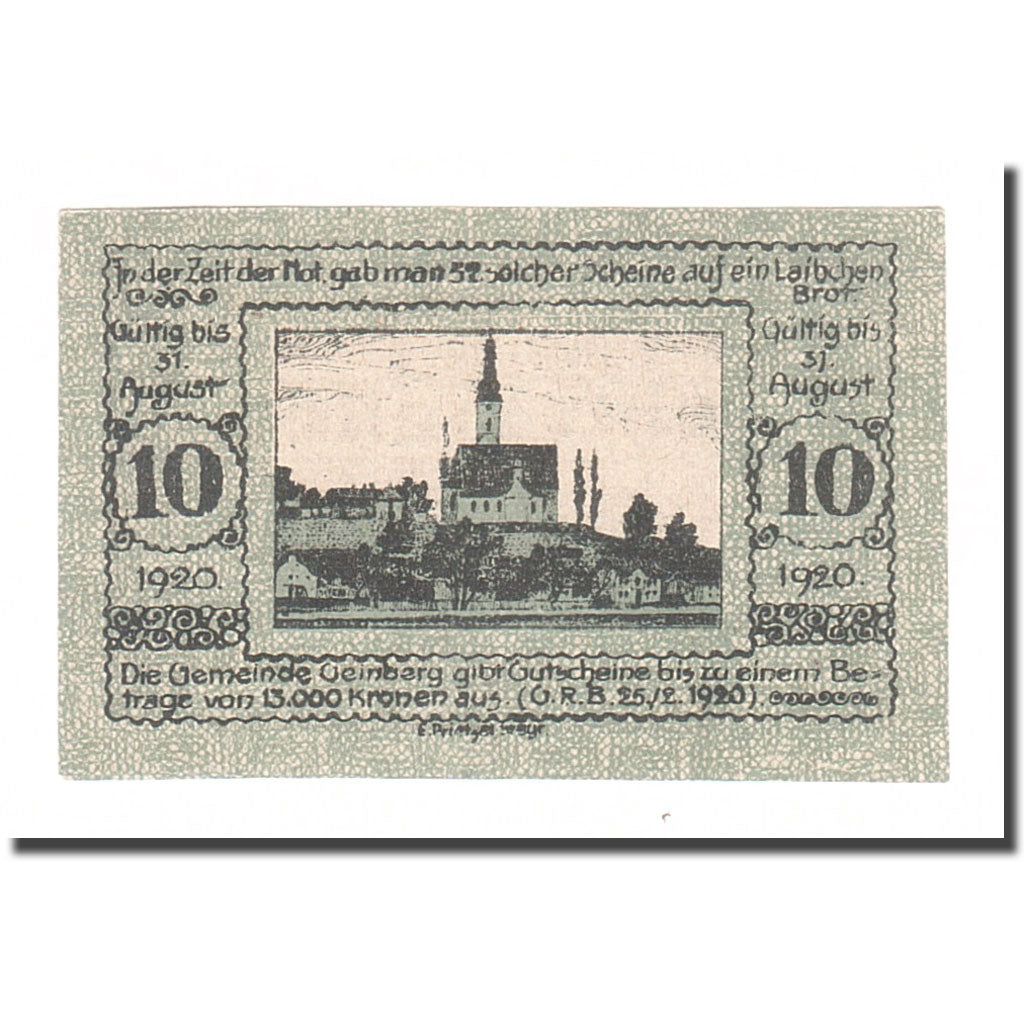 Banconote, Austria, Geinberg, 10 Heller, paysage, 1920, 1920-08-31, BB, Mehl:FS