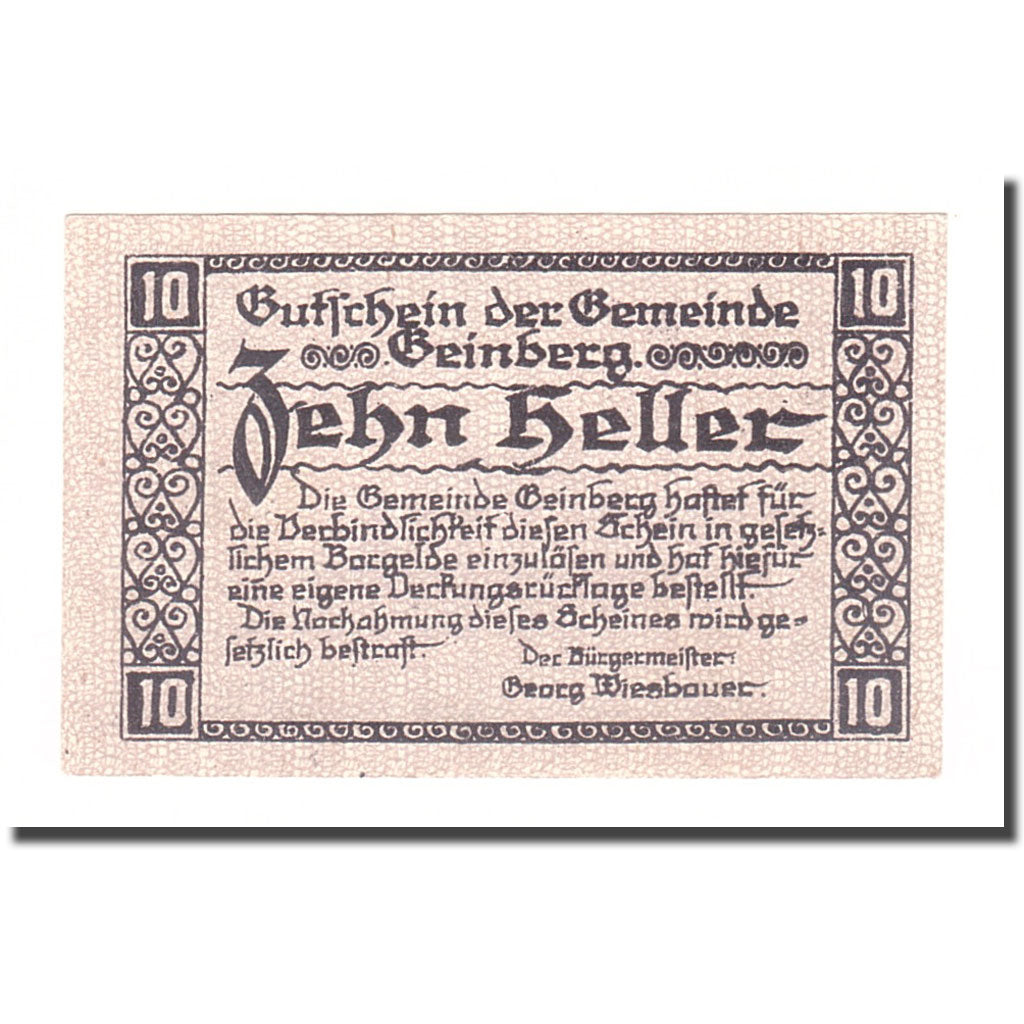 Banknote, Austria, Geinberg, 10 Heller, paysage 1, 1920, 1920-08-31, EF(40-45)