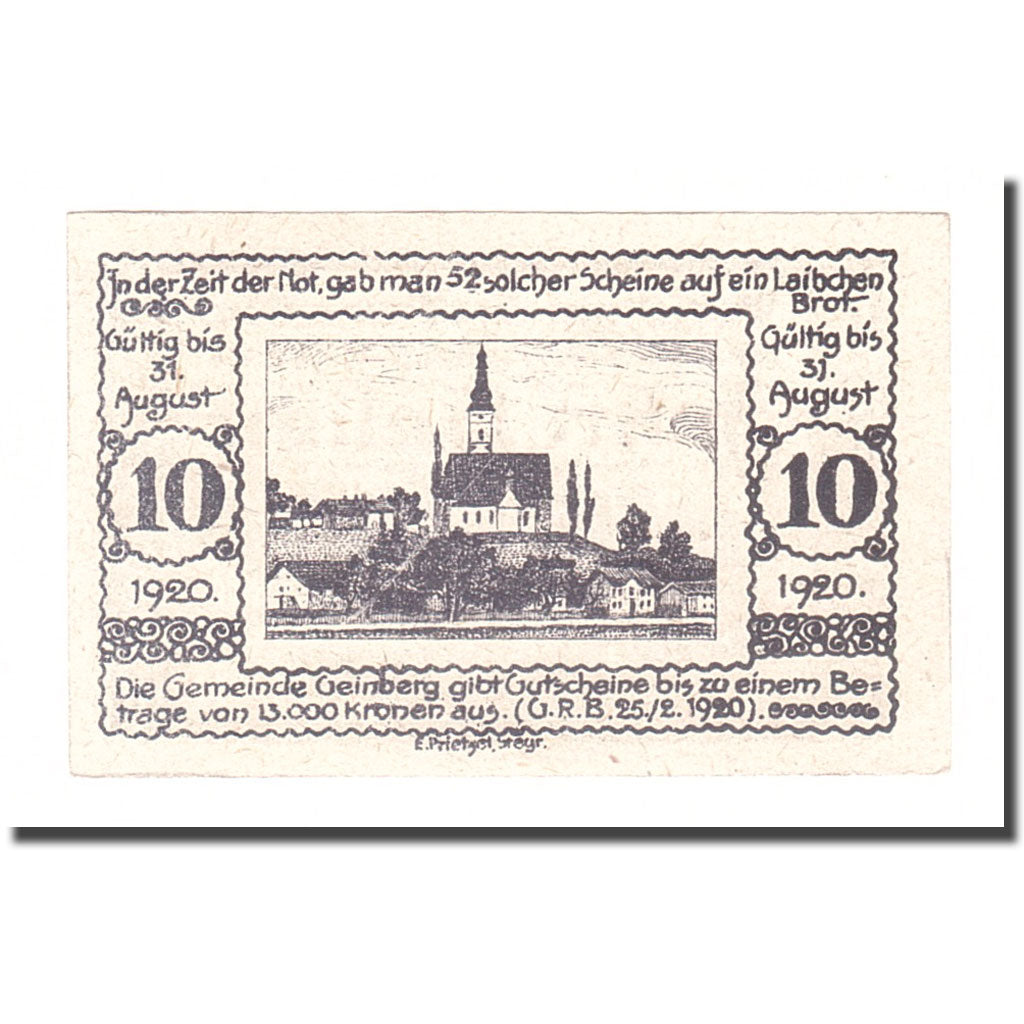 Banknote, Austria, Geinberg, 10 Heller, paysage 1, 1920, 1920-08-31, EF(40-45)