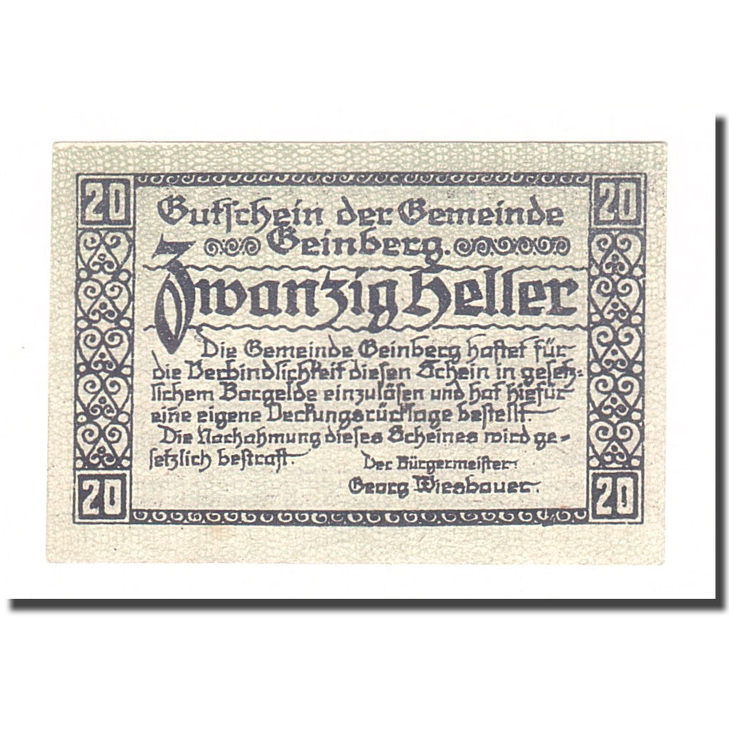 Banknote, Austria, Geinberg, 20 Heller, paysage 2, 1920, 1920-08-31, EF(40-45)