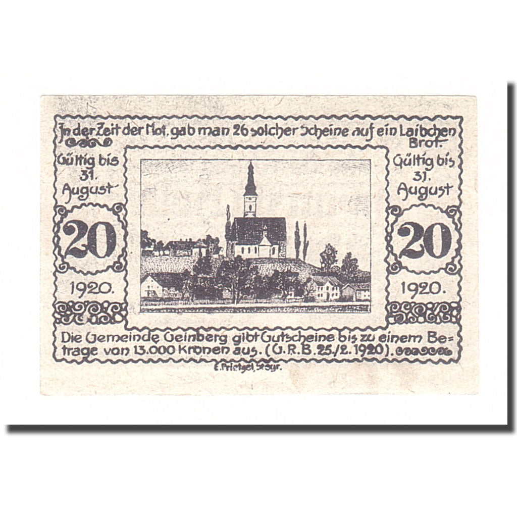 Banknote, Austria, Geinberg, 20 Heller, paysage 2, 1920, 1920-08-31, EF(40-45)