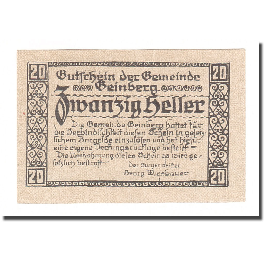 Biljet, Oostenrijk, Geinberg, 20 Heller, paysage 3, 1920, 1920-08-31, TTB