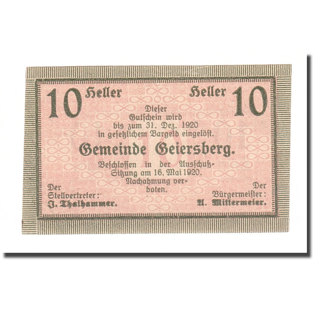 Banknote, Austria, Geiersberg, 10 Heller, valeur faciale, 1920, 1920-12-31