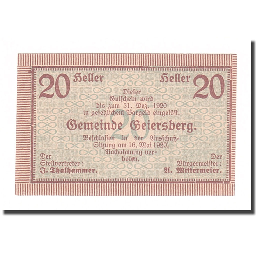 Banknote, Austria, Geiersberg, 20 Heller, valeur faciale 1, 1920, 1920-12-31