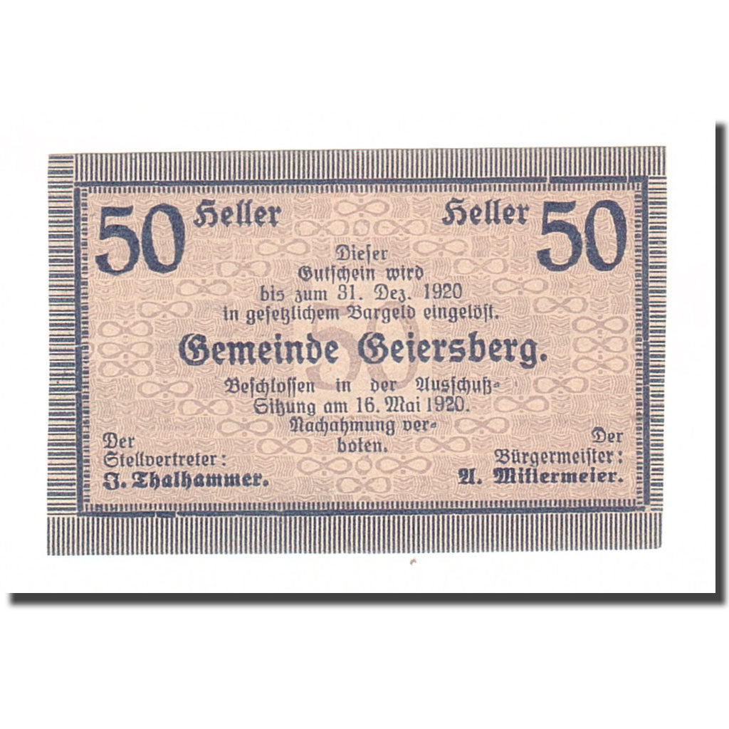 Banknote, Austria, Geiersberg, 50 Heller, valeur faciale 2, 1920, 1920-12-31