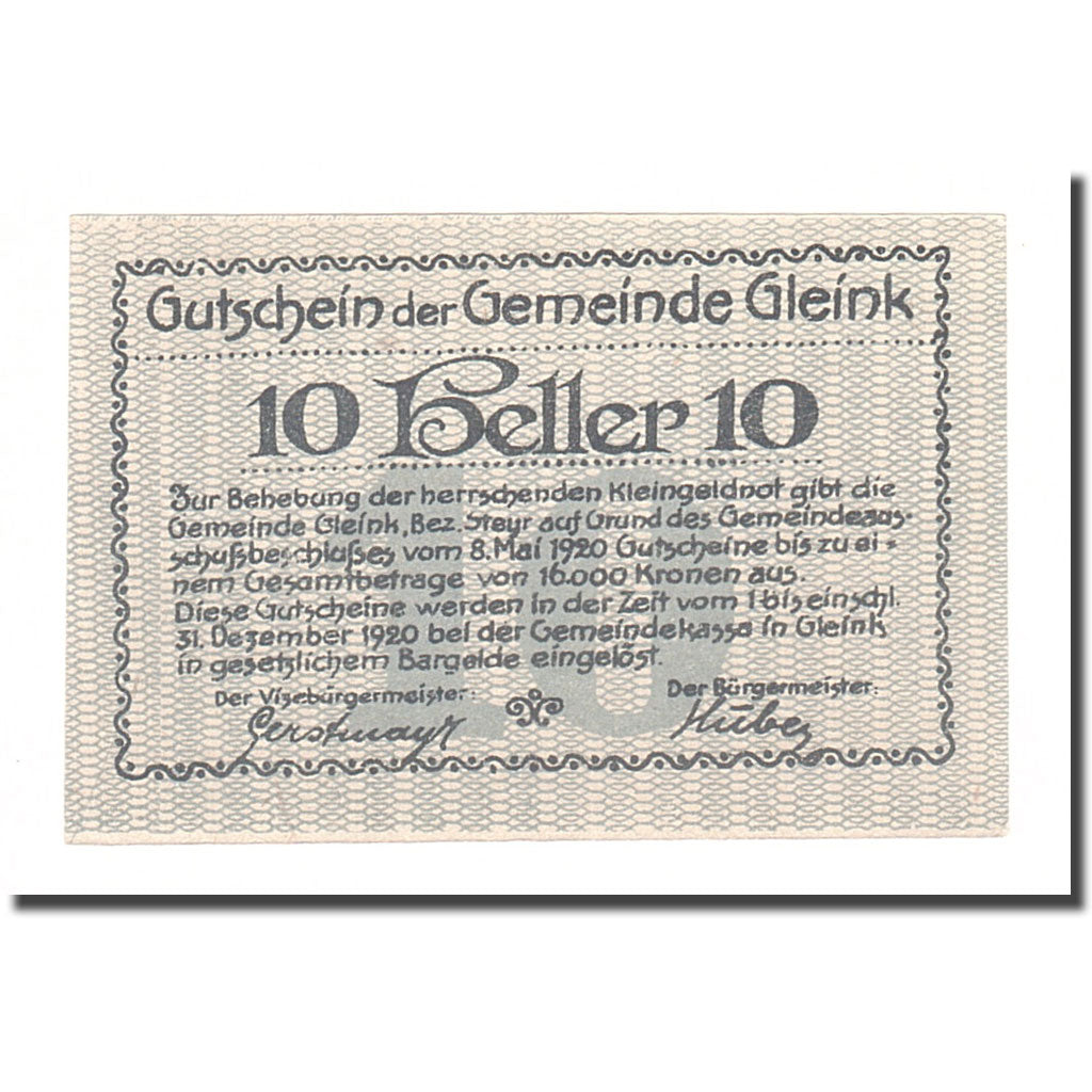 Banknote, Austria, Gleink O.Ö. Gemeinde, 10 Heller, paysage, 1920, 1920-12-31