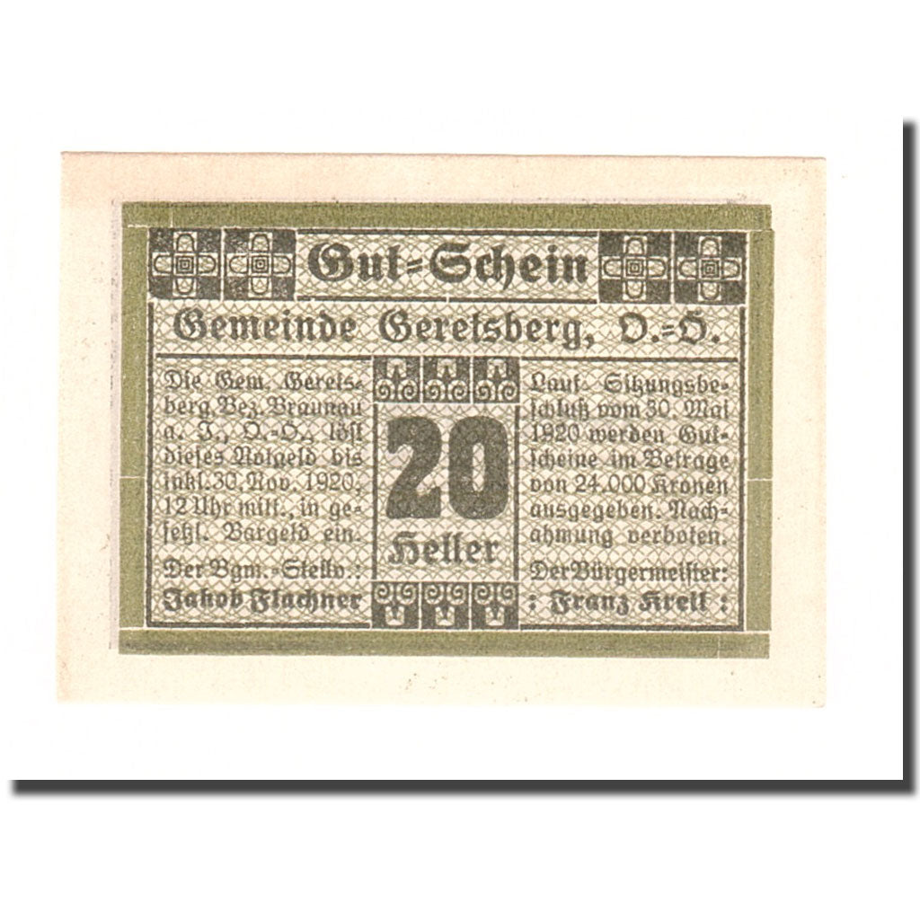 Banknote, Austria, Geretsberg O.Ö. Gemeinde, 20 Heller, valeur faciale 1, 1920