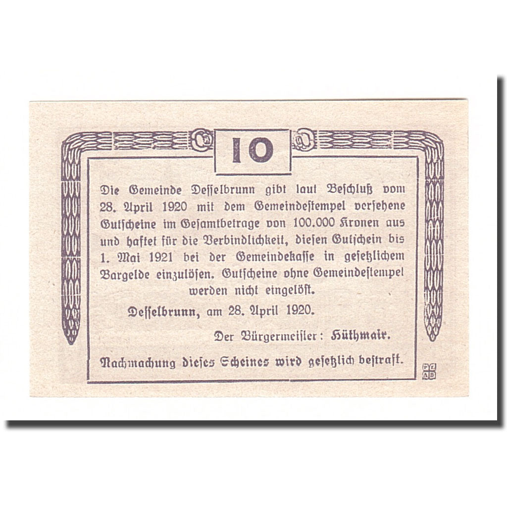 Banknote, Austria, Desselbrunn, 10 Heller, Texte, 1921, 1921-05-01, AU(55-58)
