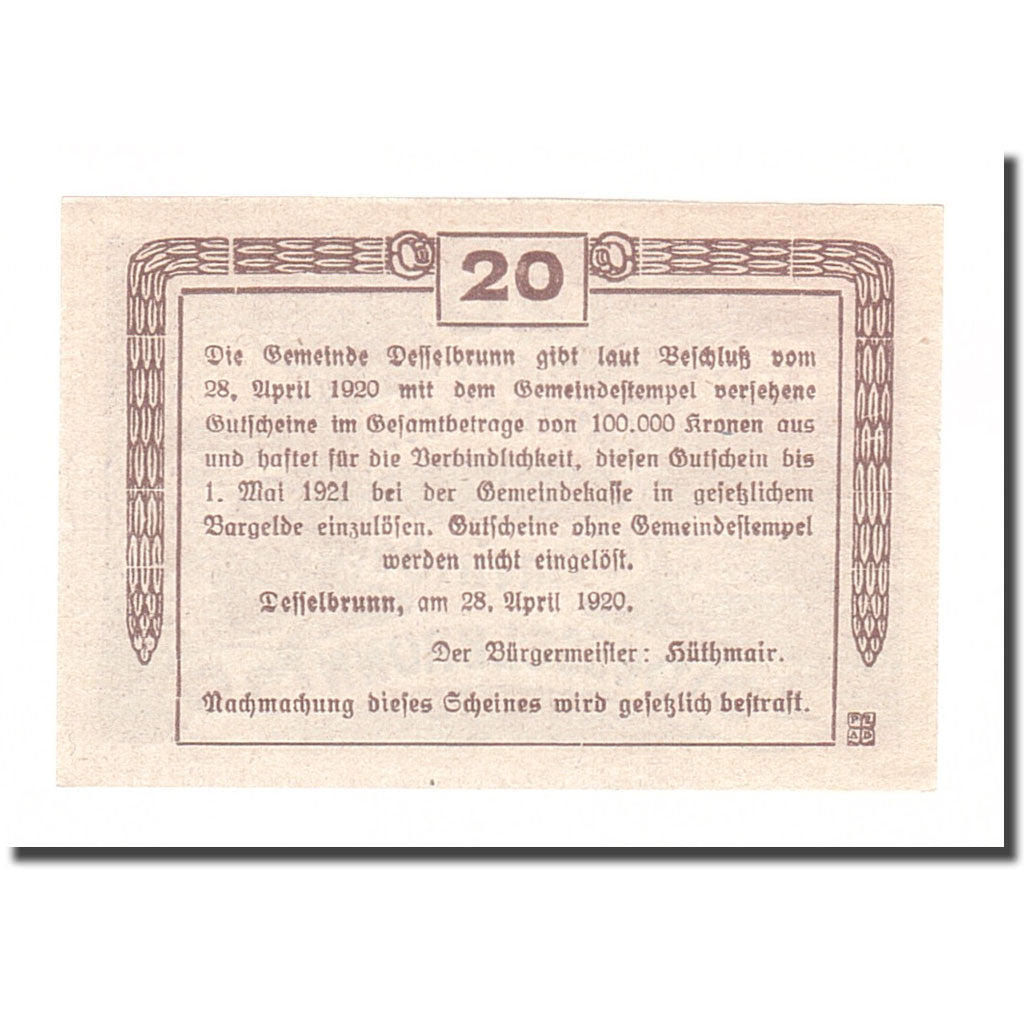 Biljet, Oostenrijk, Desselbrunn, 20 Heller, texte 1, 1921, 1921-05-01, SUP