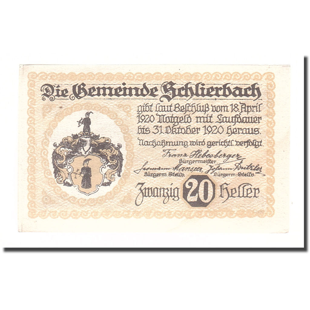 Banknote, Austria, Schlierbach O.Ö. Gemeinde, 20 Heller, Texte, 1920