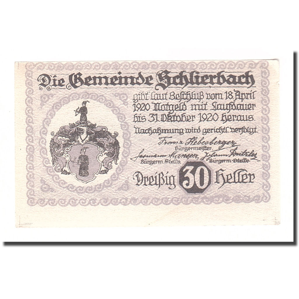 Banknot, Austria, Schlierbach O.Ö. Gemeinde, 30 Heller, texte 1, 1920