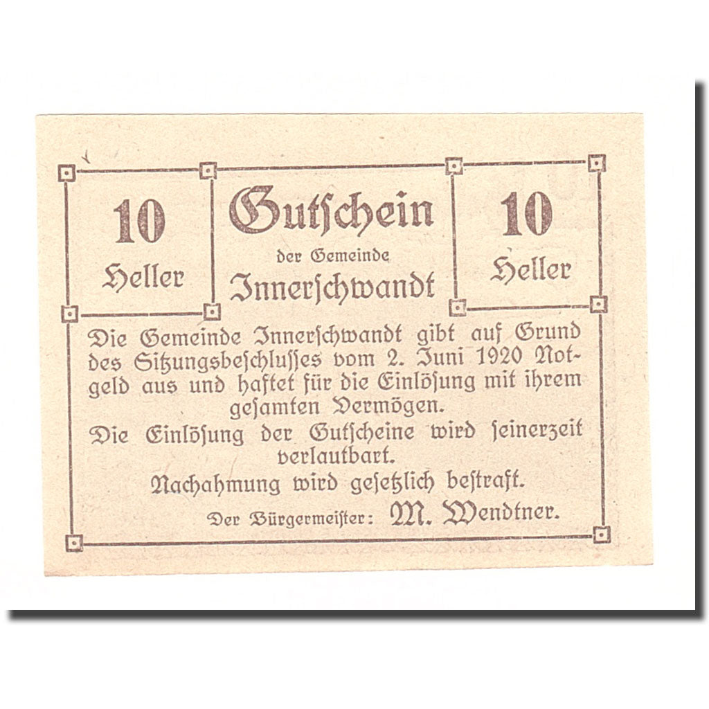 Banknote, Austria, Innerschwandt O.Ö. Gemeinde, 10 Heller, Texte, 1920