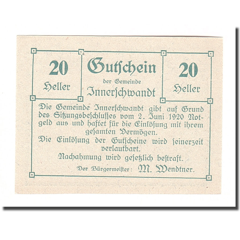 Banknote, Austria, Innerschwandt O.Ö. Gemeinde, 20 Heller, texte 1, 1920