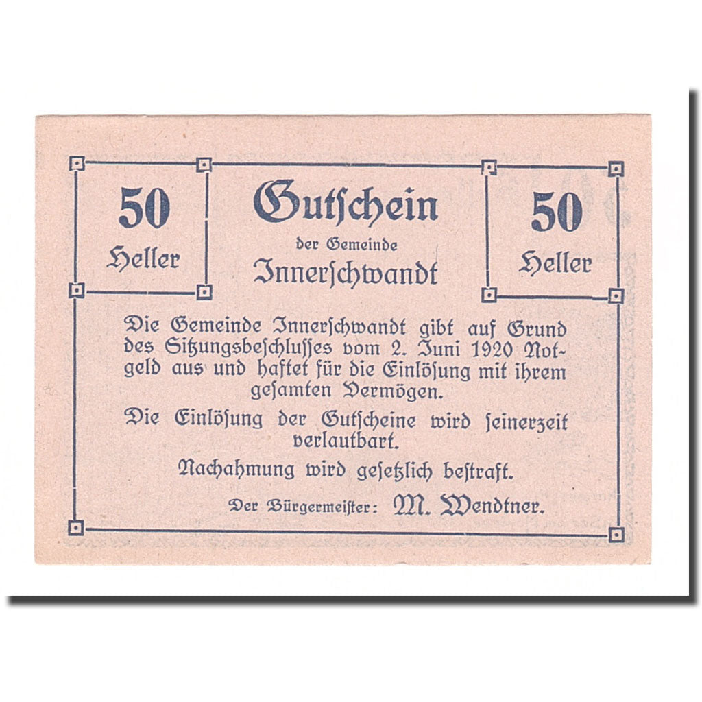 Banknote, Austria, Innerschwandt O.Ö. Gemeinde, 50 Heller, Texte 2, 1920
