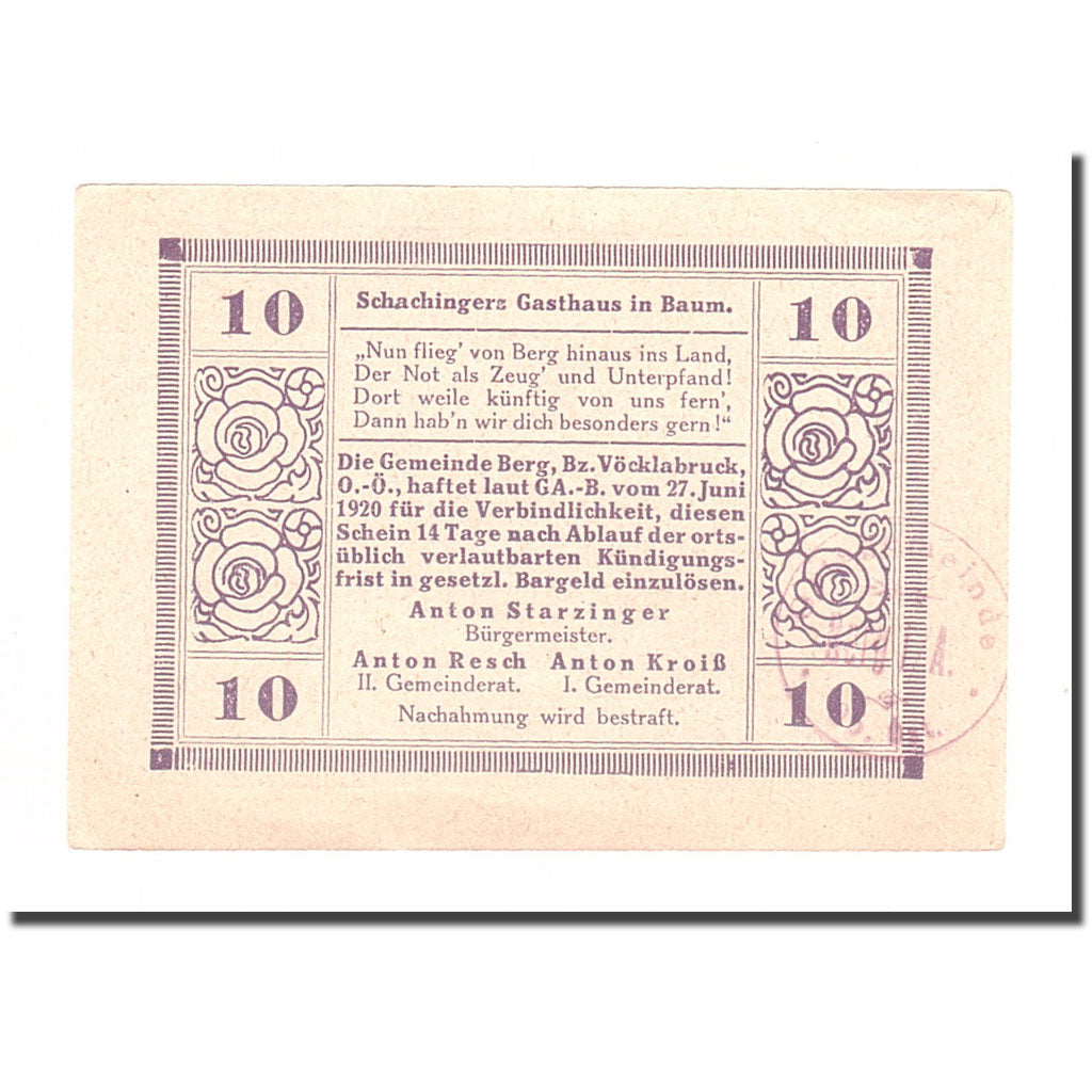 Banknote, Austria, Berg O.Ö. Gemeinde, 10 Heller, Texte, 1920, 1920-06-27