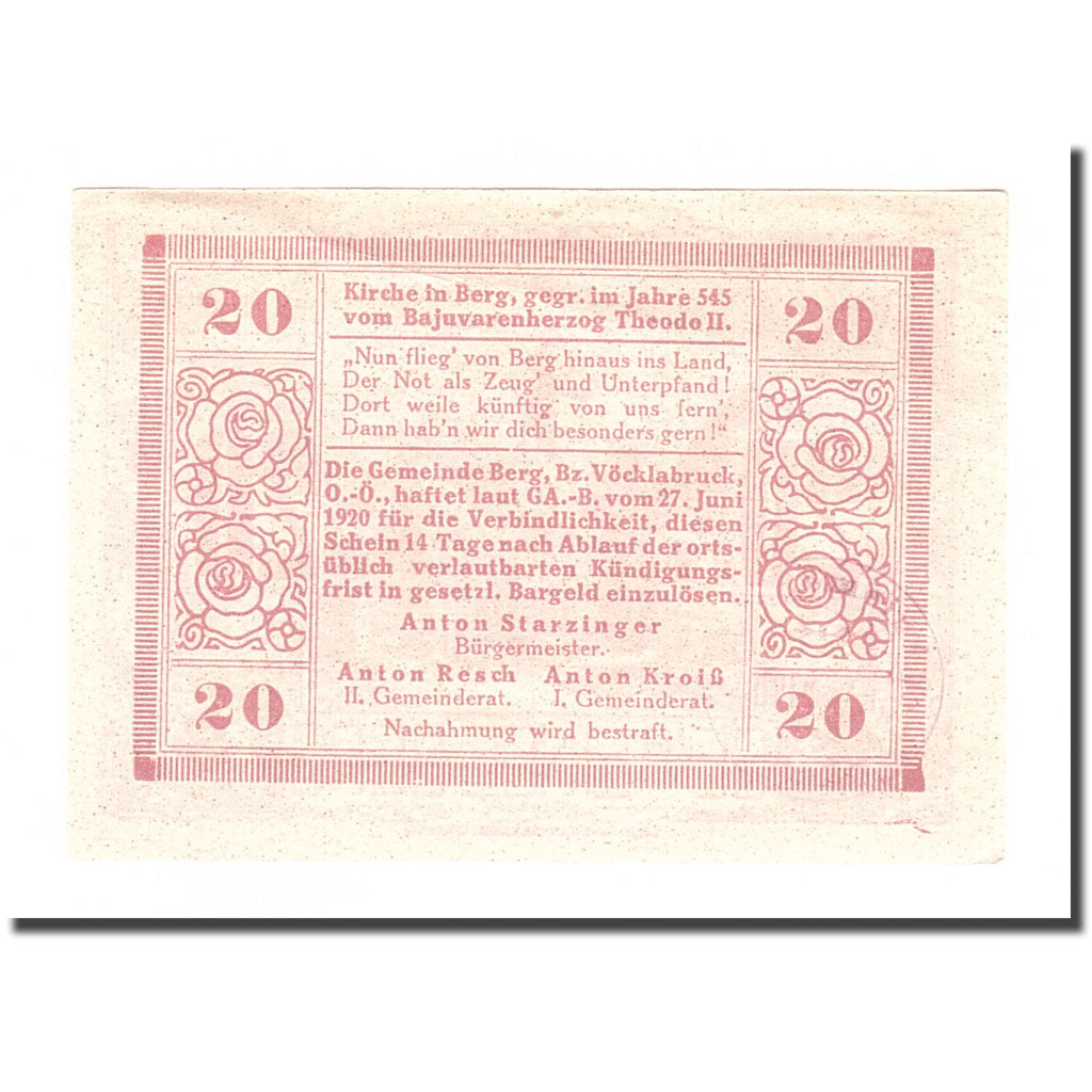 Banknote, Austria, Berg O.Ö. Gemeinde, 20 Heller, texte 1, 1920, 1920-06-27