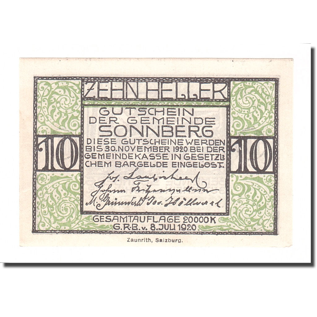 Banknote, Austria, Sonnberg O.Ö. Gemeinde, 10 Heller, Texte, 1920, 1920-11-30