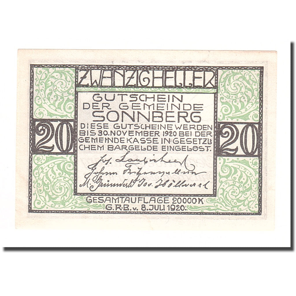 Banknote, Austria, Sonnberg O.Ö. Gemeinde, 20 Heller, texte 1, 1920