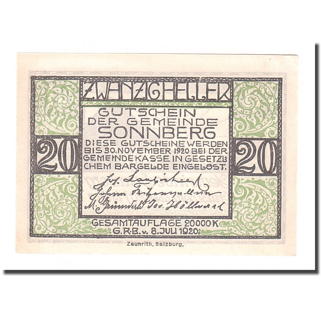 Banknote, Austria, Sonnberg O.Ö. Gemeinde, 20 Heller, Texte 2, 1920