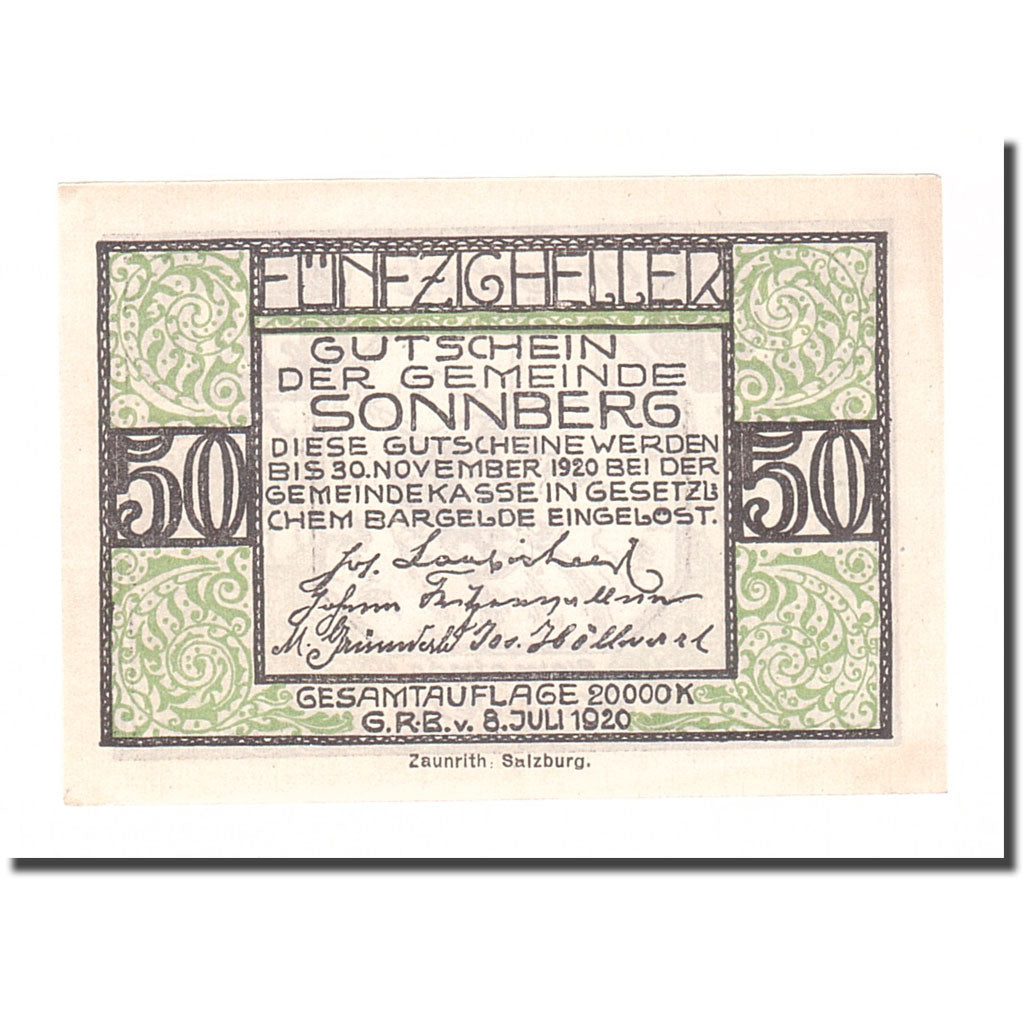 Banknote, Austria, Sonnberg O.Ö. Gemeinde, 50 Heller, Texte 3, 1920