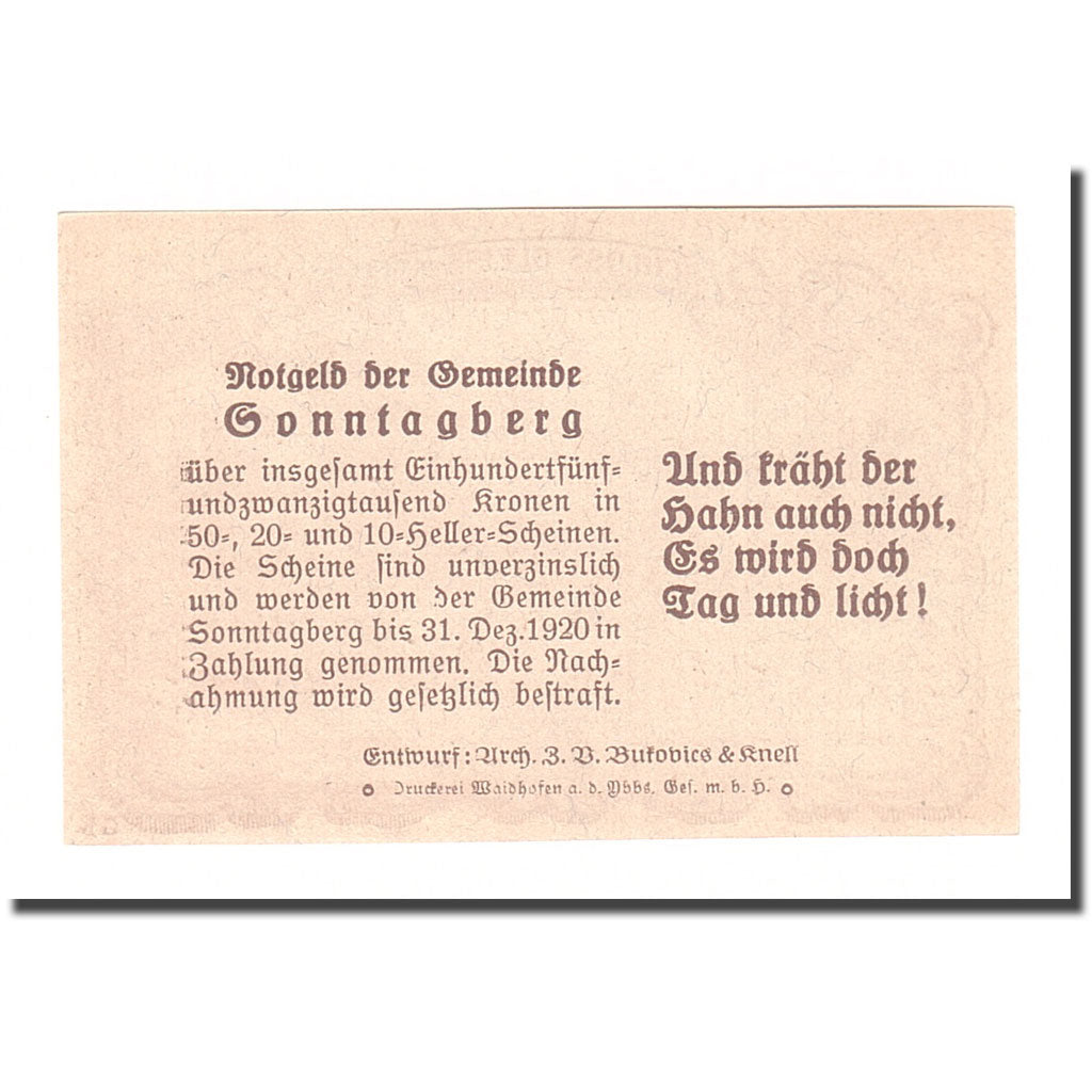 Banknote, Austria, Sonntagberg N.Ö. Gemeinde, 20 Heller, texte 1, 1920
