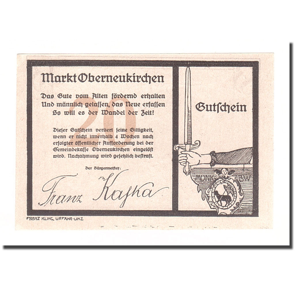 Banknote, Austria, Oberneukirchen O.Ö. Marktgemeinde, 20 Heller, texte 1