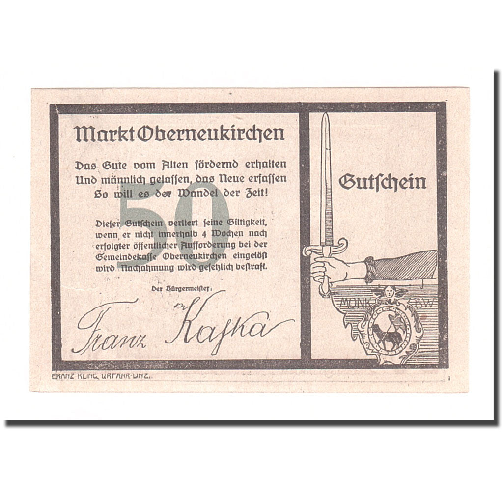Banknote, Austria, Oberneukirchen O.Ö. Marktgemeinde, 50 Heller, Texte 2