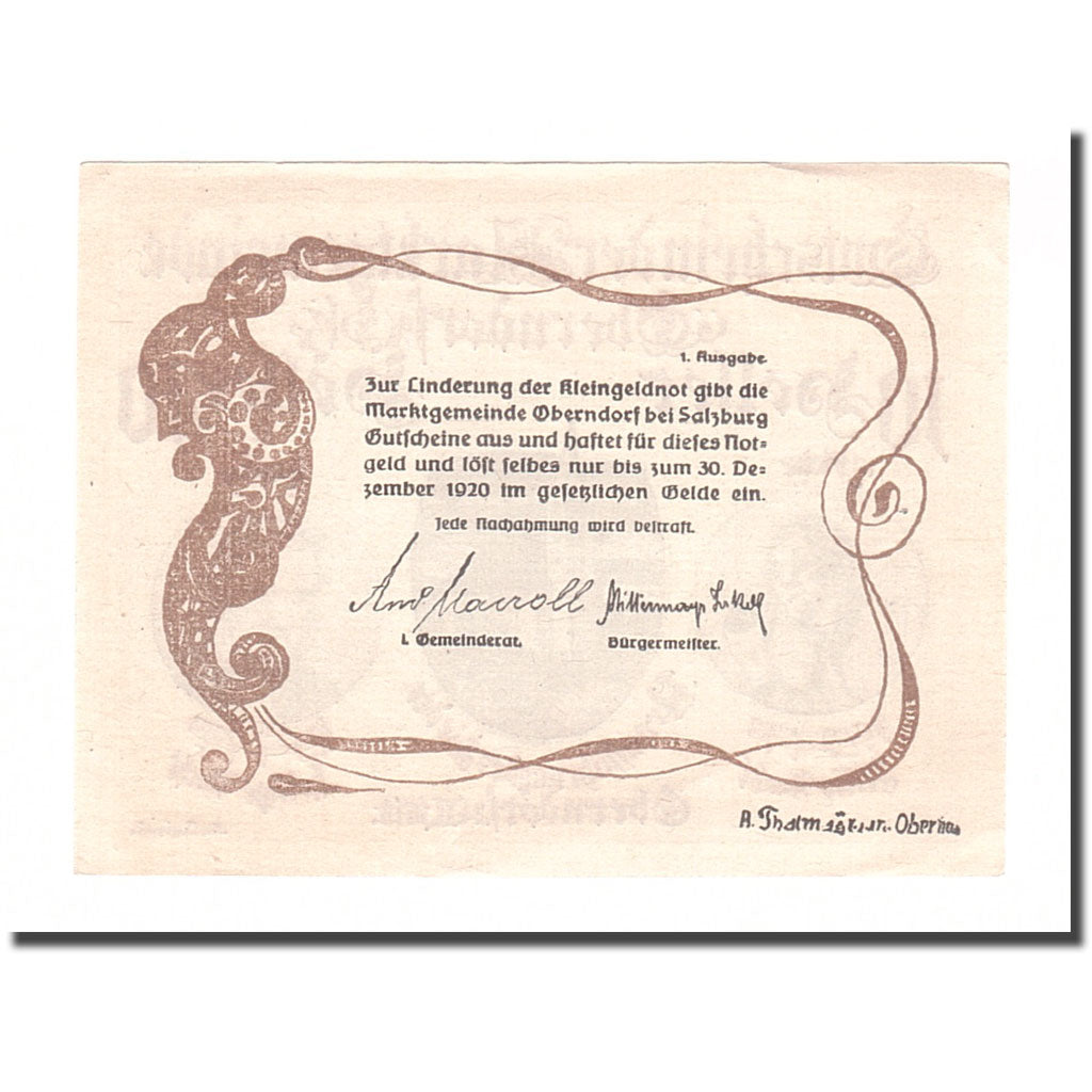 Banknote, Austria, Oberndorf a.d. Salzach Sbg. Marktgemeinde, 10 Heller, Texte