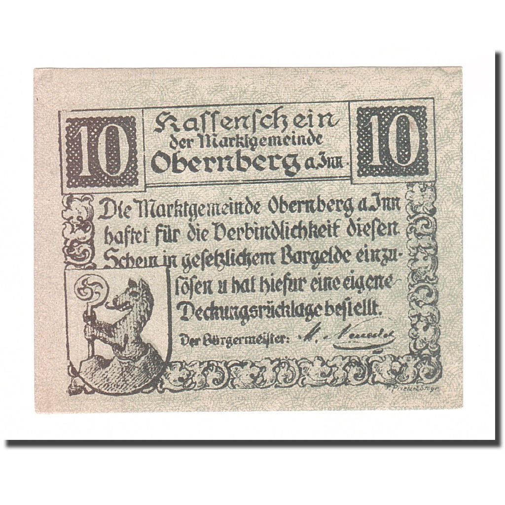 Banknote, Austria, Obernberg am Inn O.Ö. Marktgemeinde, 10 Heller, Texte, 1920