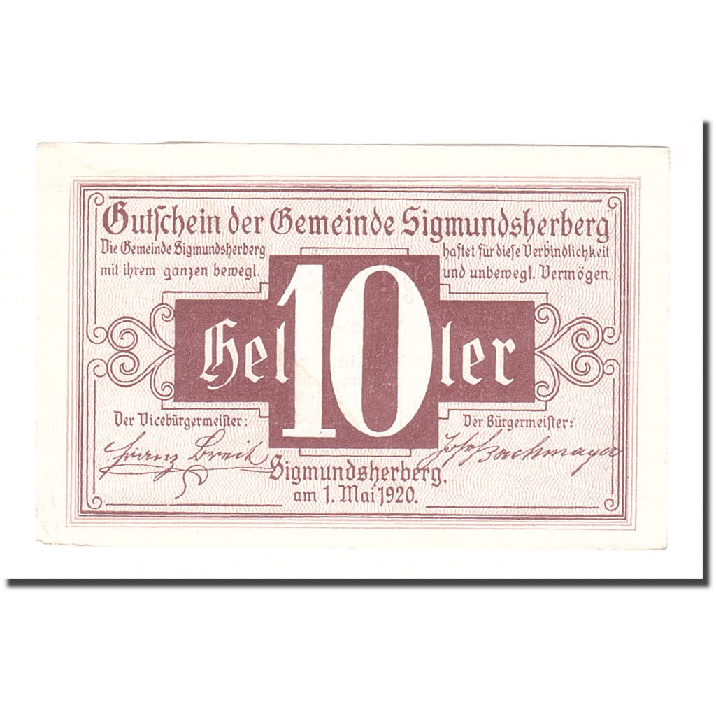 Banknote, Austria, Sigmundsherberg N.Ö. Gemeinde, 10 Heller, Texte, 1920