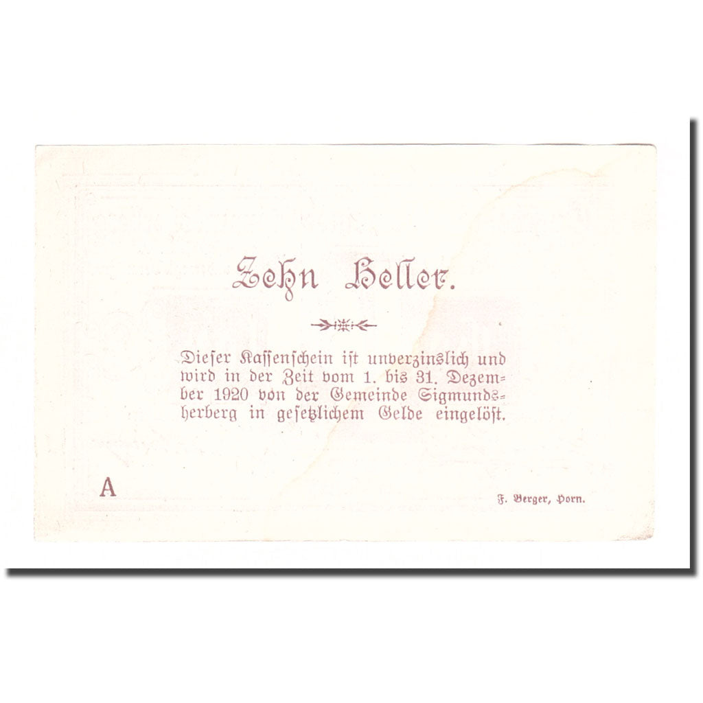 Banknote, Austria, Sigmundsherberg N.Ö. Gemeinde, 10 Heller, Texte, 1920