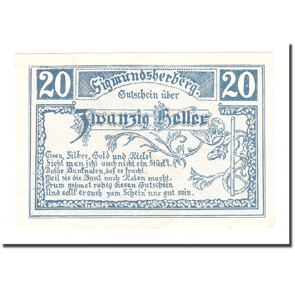 Banknote, Austria, Sigmundsherberg N.Ö. Gemeinde, 20 Heller, texte 1, 1920