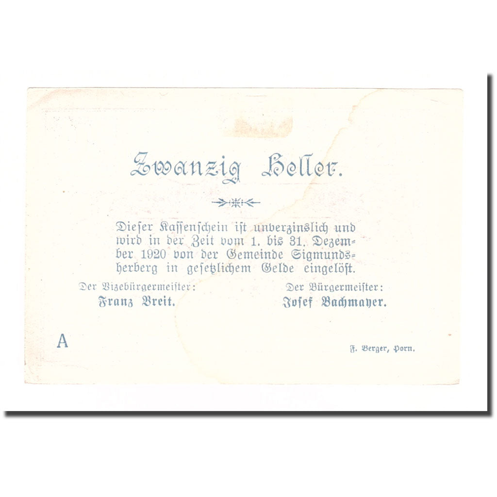 Banknote, Austria, Sigmundsherberg N.Ö. Gemeinde, 20 Heller, texte 1, 1920