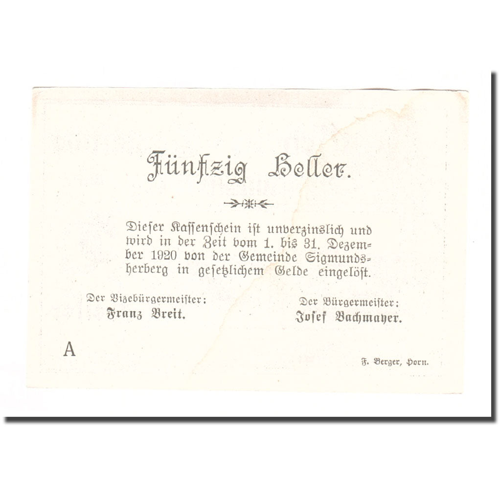 Banknote, Austria, Sigmundsherberg N.Ö. Gemeinde, 50 Heller, Texte 2, 1920